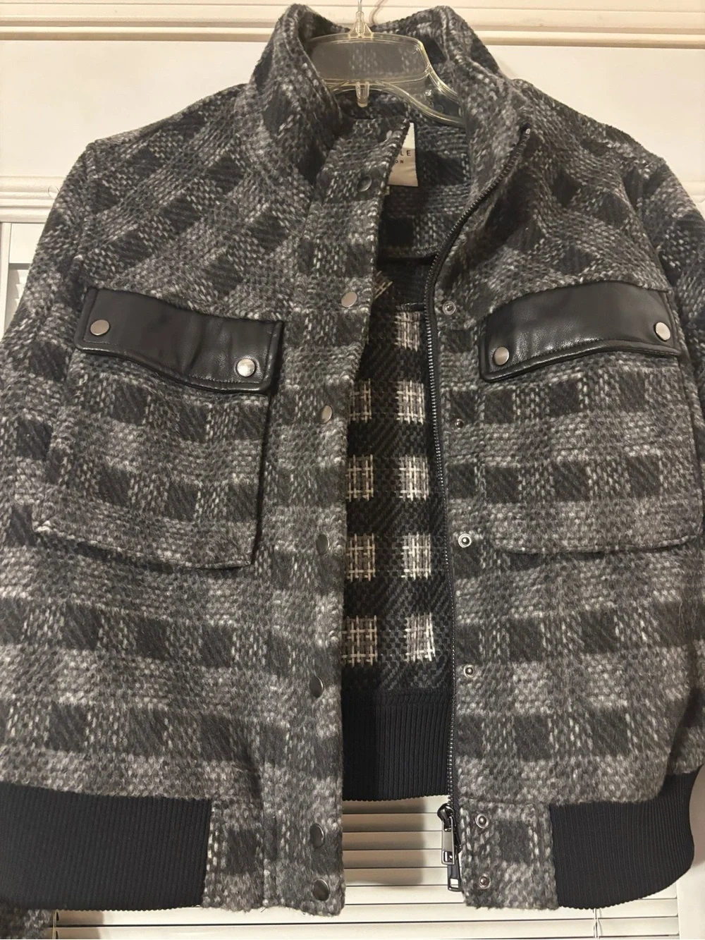 bagatelle Gray Plaid Bomber Jacket with Black Trim